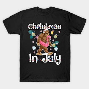 Christmas In July Big Foot And Pink Flamingo Summer Time T-Shirt
